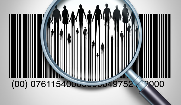 barcode with magnifying glass showing people