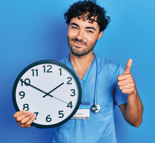 Thumbs up and holding a clock