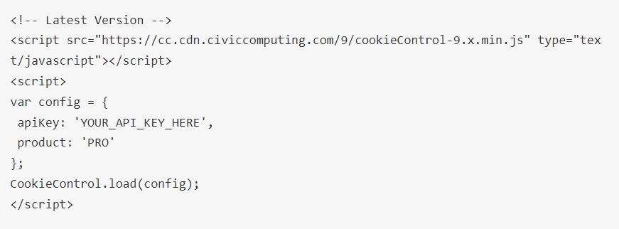 HTML for your website, insert the following into your <head> tag and add your relevant apiKey and product values from Cookie Control