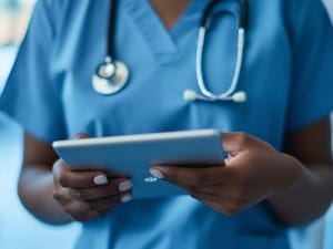 A picture of a healthcare worker on a System C electronic device.