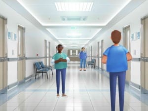 A picture of 3 System C healthcare characters in a hospital setting.