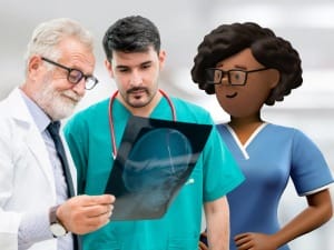 A picture of 2 male healthcare workers looking at a medical scan with a female System C healthcare character.