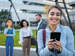 A picture of a social worker on a mobile device stood next to a System C social care character.
