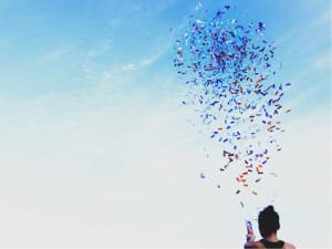 a picture of confetti in the sky in celebration.