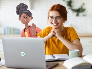 A social worker smiling on a System C laptop with a System C Social Care Character.