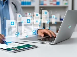 A heath care professional using CareFlow EPR on a laptop.