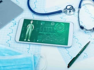 A electronic device with System C software in a healthcare setting.