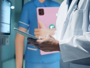 A picture of a healthcare professional using System C's EPR system with a System C cartoon character in the background.