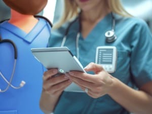 A picture of a female healthcare worker on an iPad, stood next to a System C healthcare character.