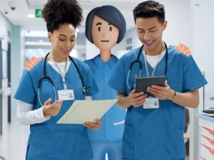 A picture of NHS healthcare staff using the CareFlow EPR system on an electronic device.