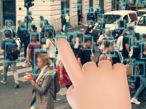 A picture of a system c character hand analysing the data of a crowd of people.