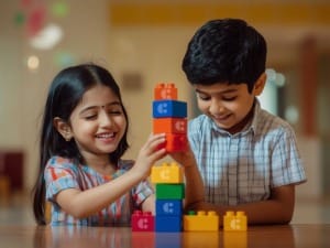 A picture of 2 children playing with System C building blocks.