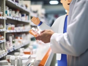 A picture of a pharmacy employee with a System C healthcare character win a Pharmacy setting.