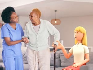 A picture of a healthcare nurse assisting a elderly patient with a System C carton Social Care character.