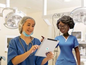 A healthcare professional viewing the Electronic Patient Record Brochure with a System C character.