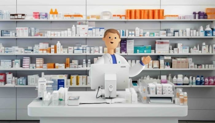 A System C CareFlow EPMA Character stood in a pharmacy setting with medication in the background.