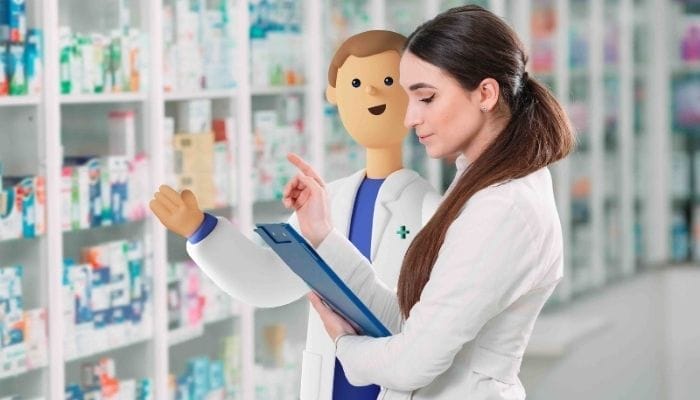 A picture of a female pharmacist stood next to a System C Medicine Management character in pharmacy setting.