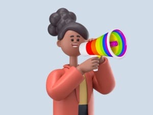 A picture of a female System C character with a Pride month themed megaphone.