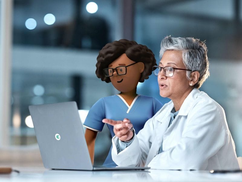 A picture of a healthcare worker on a System C laptop with a Healthcare System C female character.