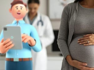 A picture of a pregnant woman with a System C character on an electronic device.
