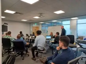 A photo of the first System C AI hackathon in the Liverpool office.