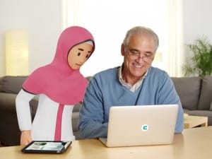 A picture of an adult and a Liquidlogic character looking at a laptop device.