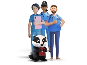 System C male and female maternity characters with a Badger