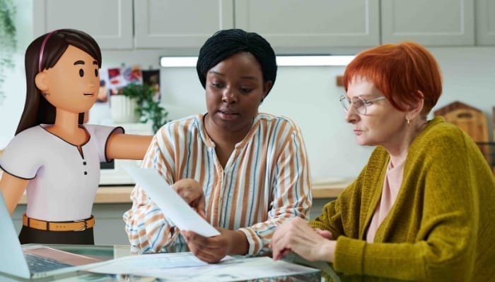 A female social worker speaking to vulnerable adult with a System C local government character.