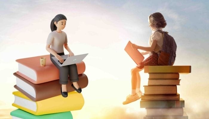 A picture of a System C young social worker character sat on some books with a child.