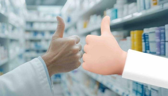 A picture of a pharmacist and a System C pharmacy character giving a thumbs up gesture in a pharmacy setting.