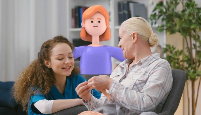 A picture of a System C local govbernemnt character stood with a healthcare worker and elderly adult.