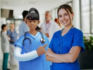 A System C character pointing at a Clinician in a hospital.