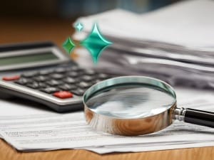 A picture of a healthcare calculator with a magnifying glass and System C sparkle.