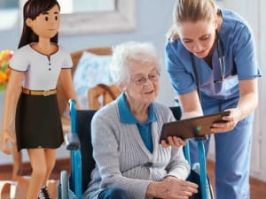 A system C female character stood with a carer and a patient.