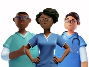 3 System C Healthcare cartoon characters smiling.