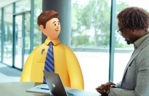 A picture of a local government worker sat at a table with a social care System C character.