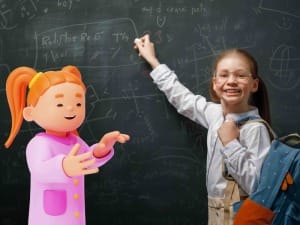 A System C character smiling with a young student in front of a black board.