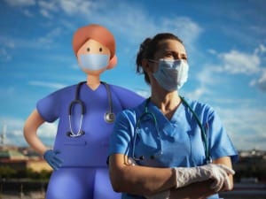 A picture of a healthcare professional stood with a EPR System C character.