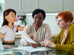 An image of a System C character providing help to a social worker at a citizen's home.