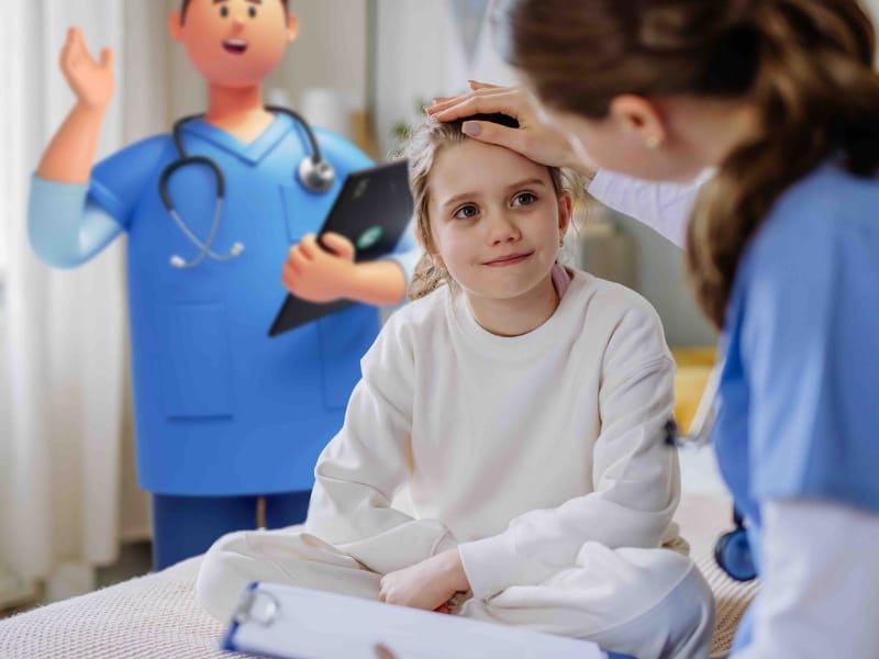 A picture of a child patient interacting with a healthcare worker and an electronic patient record System C character.