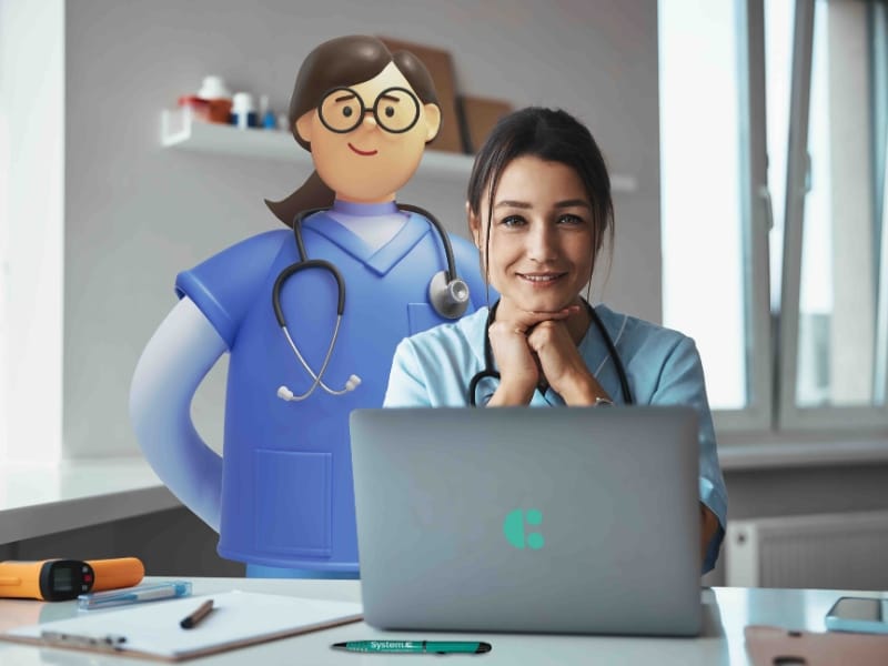 A picture of a healthcare worker in a hospital with a System C EPR character.