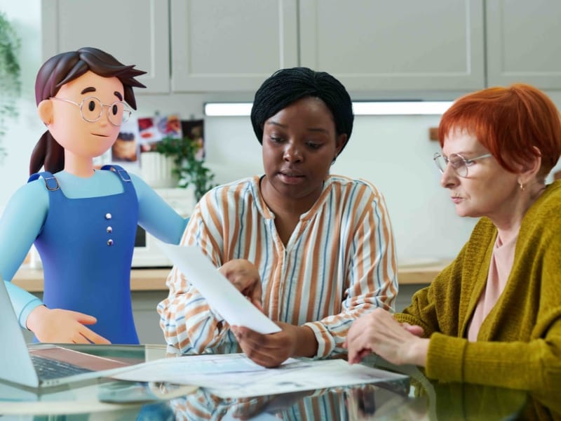 A picture of a social worker and an adult looking at payments with a System C social care character.