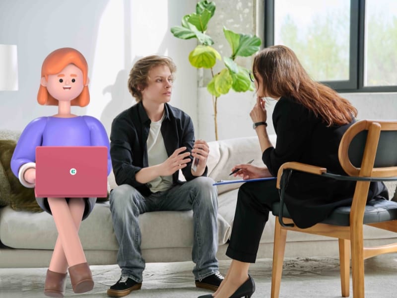 A picture of a social care System C character on a laptop going through financial management with 2 adults.