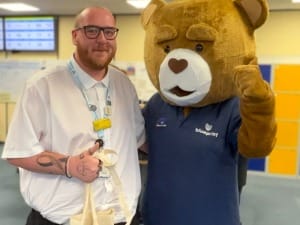 Bradley Wickett with Royal Wolverhampton NHS Trust EPR Mascot.