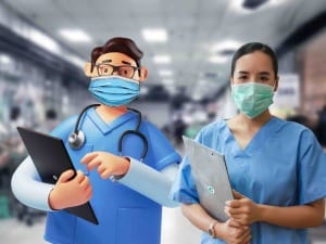 A healthcare System C character stood with a female healthcare professional with an iPad in here hand.