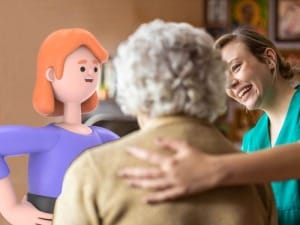 A picture of a Liquidlogic character with a social worker and adult.