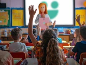 An image of some children in a classroom being taught by a System C character.