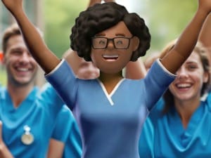 A picture of an electronic patient record character stood smiling with healthcare professionals in the background.