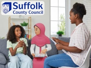 A picture of a Social Worker speaking to an individual next to a System C character.