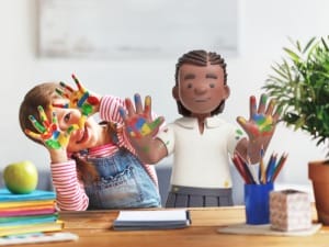 A System C character playing with a child with some paint.